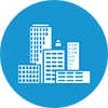 Symbol für Großunternehmen – Hochhäuser und Gebäude im blauen Kreis, Segment große Firmen